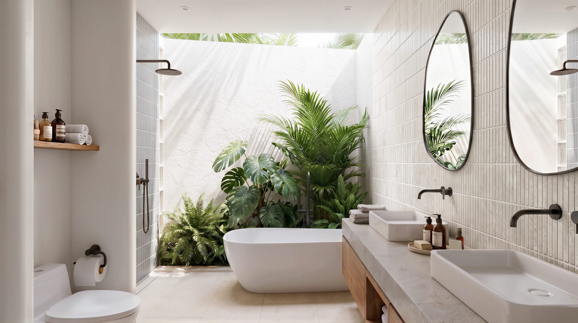 Bathroom with twin oval mirrors, double sinks and an open courtyard of plants