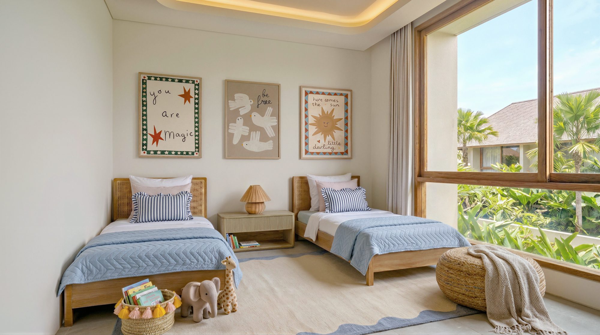 Children's twin bedroom with art prints and large window to garden