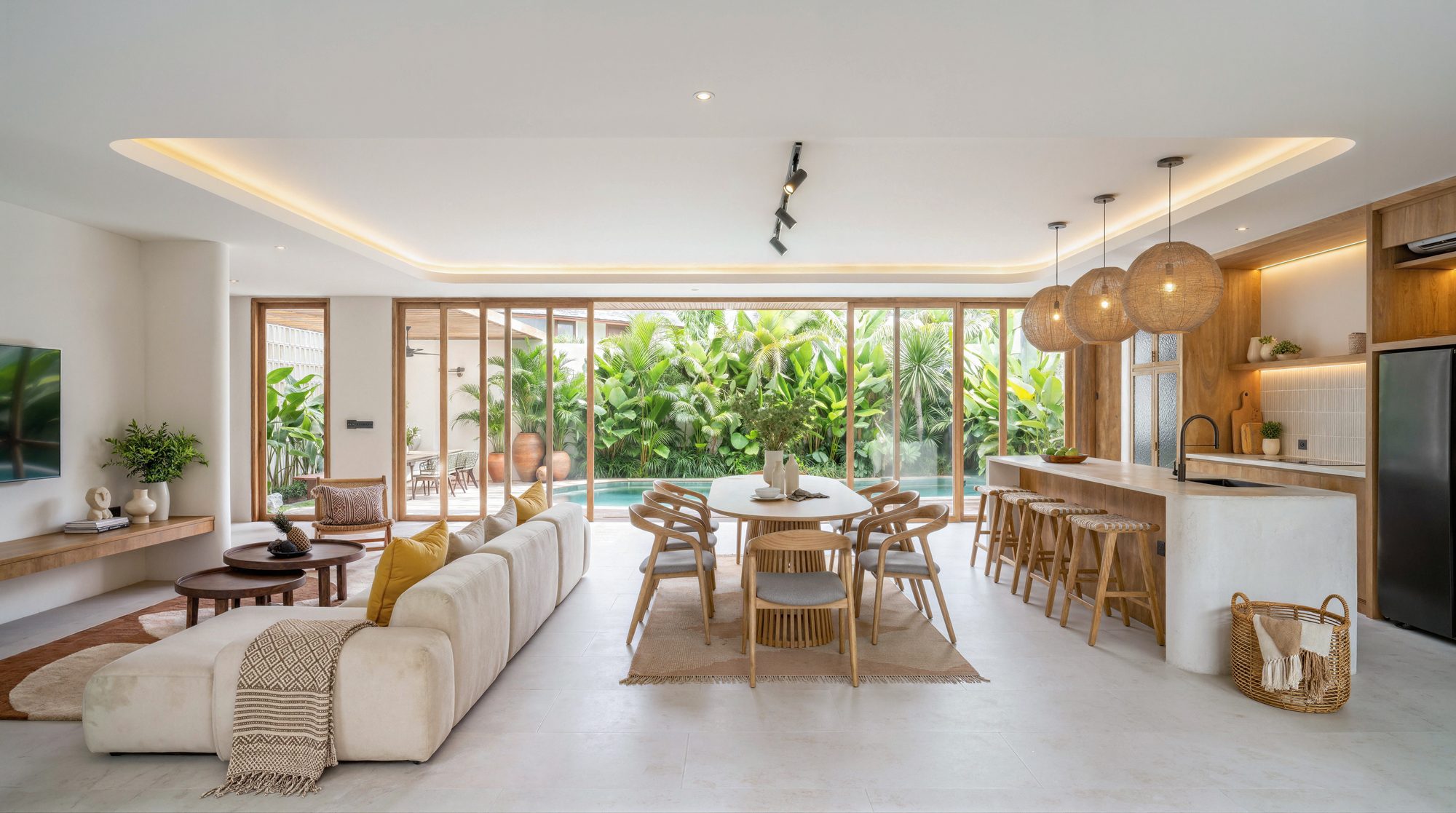 Open-plan living, kitchen and dining looking out to the pool and garden