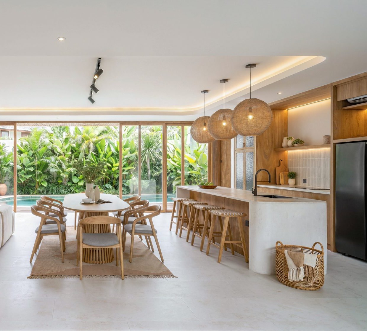 Kitchen, island and dining flowing through to the pool