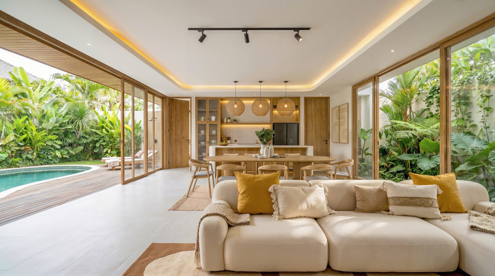 Cream curved sofa with mustard cushions, looking out to pool and dining