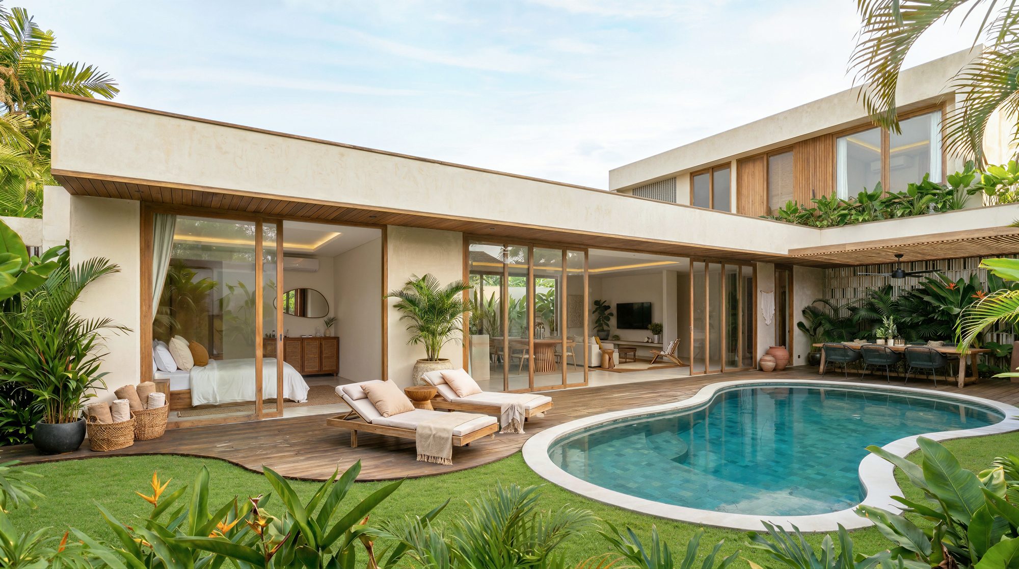 Villa Surya - exterior with curved pool and garden